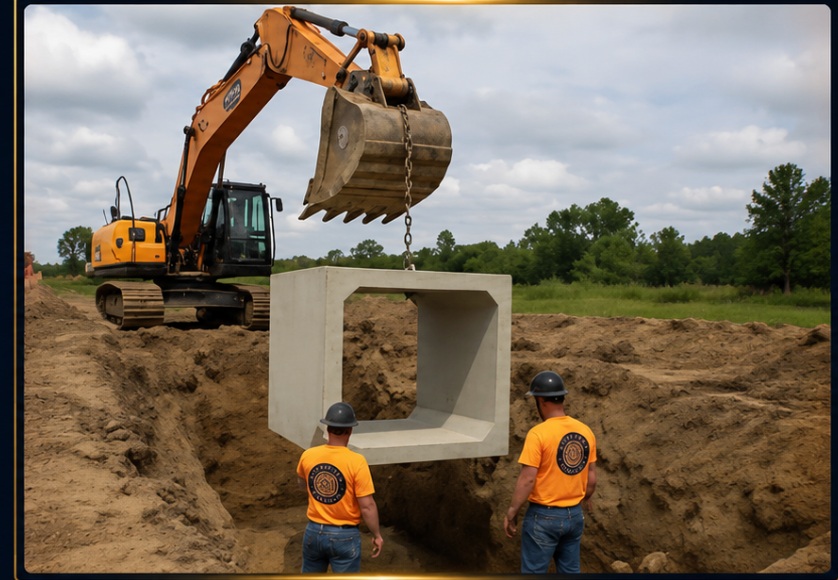 Excavator lifting a concrete box structure at a job site