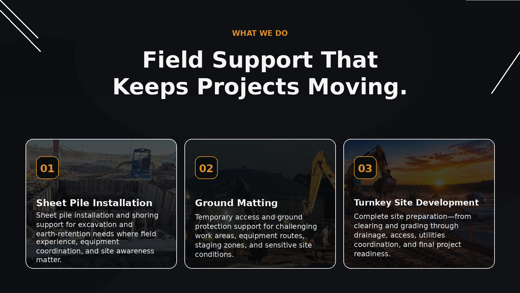What We Do - Sheet Pile Installation, Ground Matting, and Turnkey Site Development