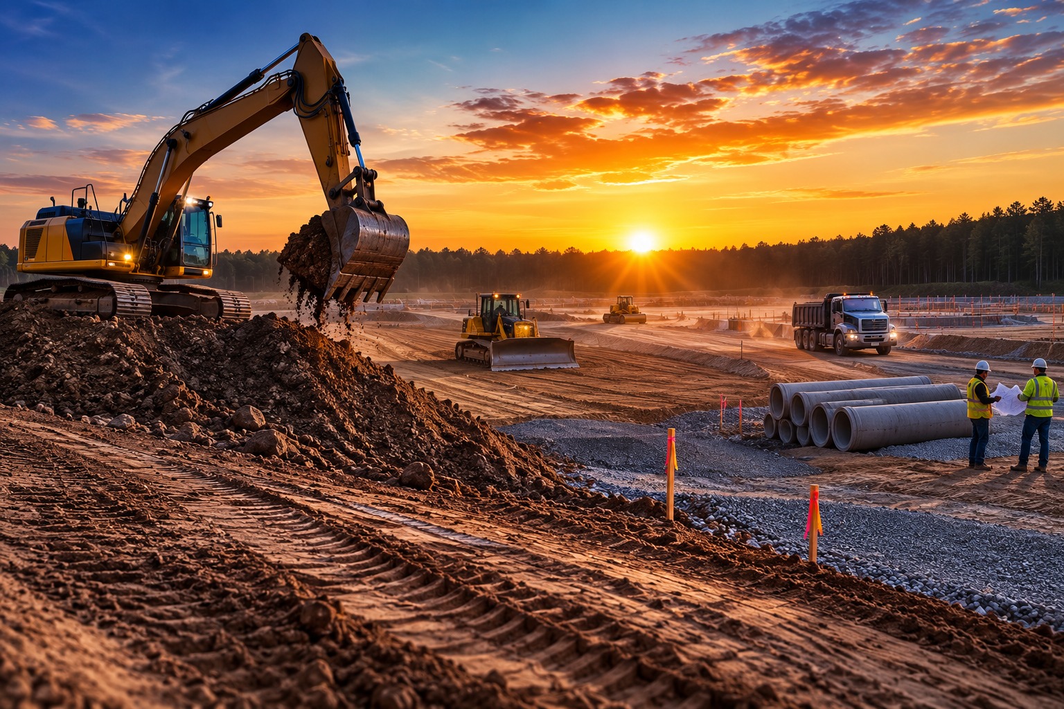 Turnkey site development worksite at sunset